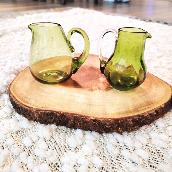Vintage Other - Vintage Hand Blown Glass Mini Pitchers Creamer Green Decor